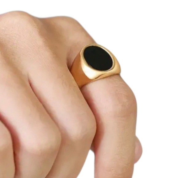 New Stainless Steel Gold Men’s Signet Ring with Black Inlay Size 11 - Picture 2 of 3